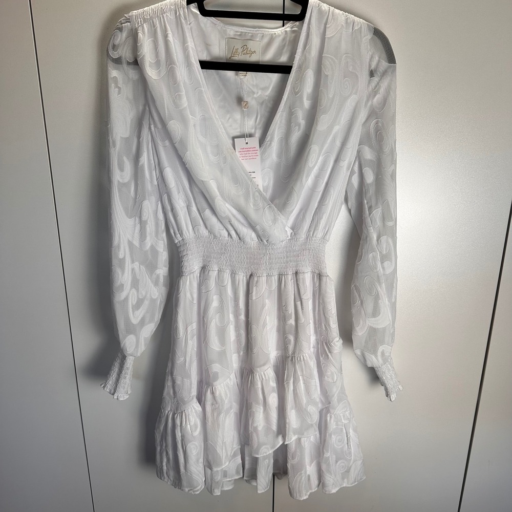 Lilly Pulitzer Cristiana Long Sleeve Dress Resort White Crepe Swirl Size 0